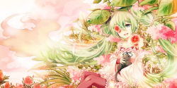 Rule 34 | 1girl, cat, detached sleeves, flower, green eyes, green hair, hatsune miku, kaio (watagami), long hair, matching hair/eyes, open mouth, sitting, solo, thighhighs, twintails, very long hair, vocaloid