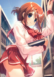 Rule 34 | 1girl, arm up, asada hachi, blue eyes, book, bow, ceiling, claw hair clip, closed mouth, cowboy shot, day, from below, from side, hair ornament, hair up, hairclip, highres, holding, holding book, indoors, komaki manaka, leaning forward, lens flare, library, long sleeves, looking at viewer, looking to the side, medium hair, miniskirt, orange hair, pleated skirt, reaching, red bow, red sailor collar, red skirt, sailor collar, school uniform, serafuku, shirt, shirt bow, skirt, smile, solo, sparkle, standing, swept bangs, to heart (series), to heart 2, white shirt, white skirt, window