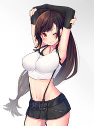 Rule 34 | 1girl, armpits, arms up, bare shoulders, belt, black gloves, black skirt, blush, breasts, brown hair, closed mouth, collarbone, commentary request, covered erect nipples, cowboy shot, crop top, earrings, elbow gloves, final fantasy, final fantasy vii, final fantasy vii remake, fingerless gloves, gloves, highres, impossible clothes, impossible shirt, jewelry, large breasts, long hair, looking at viewer, low-tied long hair, midriff, mikan (chipstar182), miniskirt, navel, one eye closed, pencil skirt, pleated skirt, red eyes, shirt, simple background, skirt, sleeveless, sleeveless shirt, smile, solo, suspender skirt, suspenders, tank top, thighs, tifa lockhart, white background, white tank top