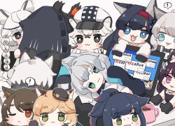 Rule 34 | !, 1boy, 1other, 6+girls, :3, :d, aak (arknights), animal ear fluff, animal ears, animal hands, arknights, black cape, black footwear, black gloves, black hair, black jacket, blaze (arknights), blonde hair, blue eyes, boots, braid, brown background, cabbie hat, cape, cat ears, chibi, cliffheart (arknights), closed mouth, colored eyelashes, computer, cup, doctor (arknights), error message, fang, fur-trimmed cape, fur trim, gloves, green eyes, grey eyes, grey hair, hairband, hat, hood, hood up, hooded jacket, jacket, jessica (arknights), laptop, leopard ears, long hair, lying, melantha (arknights), mini person, minigirl, mint (arknights), mousse (arknights), mug, multicolored hair, multiple girls, on side, one eye closed, open clothes, open jacket, open mouth, parted lips, paw gloves, ponytail, pramanix (arknights), purple eyes, purple hair, red hair, red hairband, rosmontis (arknights), shirt, shoe soles, silverash (arknights), simple background, skyfire (arknights), smile, someyaya, spoken exclamation mark, streaked hair, sweat, swire (arknights), thick eyebrows, very long hair, white hair, white headwear, white jacket, white shirt