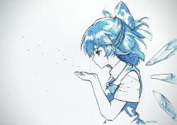 Rule 34 | 1girl, ainy, bad id, bad twitter id, blowing, blue dress, blue eyes, blue hair, bow, cirno, dress, hair bow, highres, ice, ice wings, matching hair/eyes, monochrome, ribbon, short hair, short sleeves, solo, touhou, traditional media, vignetting, wings