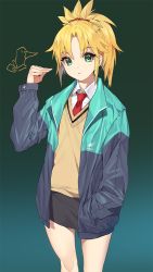 Rule 34 | 1girl, beige vest, black skirt, blonde hair, blue jacket, blush, braid, breasts, collared shirt, contemporary, damda, dress shirt, fate/apocrypha, fate (series), french braid, green eyes, hair ornament, hair scrunchie, jacket, long hair, long sleeves, looking at viewer, mordred (fate), mordred (fate/apocrypha), necktie, open clothes, open jacket, open mouth, parted bangs, ponytail, red scrunchie, scrunchie, shirt, skirt, small breasts