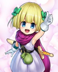 Rule 34 | 1girl, arm up, armpits, belt, blonde hair, bow, child, cloak, dragon quest, dragon quest v, dress, endou hiroto, gloves, hair bow, heart, hero&#039;s daughter (dq5), highres, looking at viewer, open mouth, pouch, purple cloak, ribbon, sheath, sheathed, short hair, sleeveless, sleeveless dress, smile, solo, sword, thumbs up, upper body, weapon, white dress, white gloves