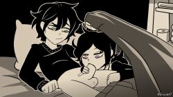 Rule 34 | 1boy, 1girl, absurdres, andrew graves (the coffin of andy and leyley), artist name, ashley graves, black hair, black shirt, blanket, bottomless, brother and sister, clothes pull, commentary, dinside97, english commentary, erection, fellatio, green eyes, hetero, highres, incest, looking at another, lying, official style, oral, pants, pants pull, penis, pillow, pink eyes, ponytail, pulling another&#039;s clothes, shirt, siblings, testicles, the coffin of andy and leyley, toilet paper, twitter username, uncensored