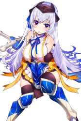 Rule 34 | 1girl, bare shoulders, between legs, blue eyes, blue ribbon, blush, braid, breasts, character request, commentary request, dress, feet out of frame, hair between eyes, hand between legs, headgear, headpiece, highres, large breasts, light purple hair, long hair, looking at viewer, mika pikazo, neck ribbon, onii-chan......koko de nara sukitte itte mo iin da yo ne?, parted lips, pelvic curtain, purple eyes, ribbon, scabbard, sheath, simple background, sitting, sword, thighhighs, weapon, white background