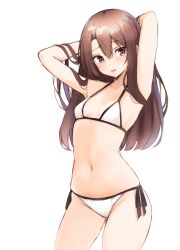Rule 34 | 1girl, alternate hairstyle, arms behind head, bikini, breasts, brown eyes, brown hair, cowboy shot, hair down, highres, kantai collection, looking at viewer, side-tie bikini bottom, simple background, small breasts, solo, swimsuit, white background, white bikini, zarashi, zuihou (kancolle)