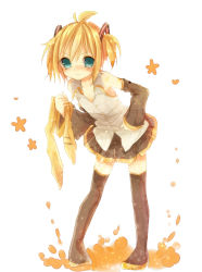 Rule 34 | 1boy, ahoge, black thighhighs, blonde hair, blue eyes, blush, child, cosplay, crossdressing, detached sleeves, frown, full body, hair ribbon, hatsune miku (cosplay), kagamine len, male focus, open clothes, open shirt, ponytail, ribbon, scarf, shirt, short hair, sleeves past wrists, solo, thighhighs, trap, tsundere, twintails, vocaloid