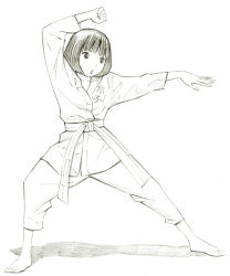 Rule 34 | 1girl, barefoot, dougi, karate gi, monochrome, original, short hair, sketch, solo, traditional media, yoshitomi akihito