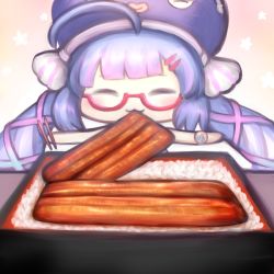 Rule 34 | 1girl, :3, bare shoulders, bento, blue hair, blue headwear, blunt bangs, chibi, chopsticks, closed eyes, commentary, eating, eel hat, fish (food), grilled eel, hair ornament, hairclip, holding, holding chopsticks, mouth hold, otomachi una, otomachi una (talkex), outstretched arms, red-framed eyewear, rice, semi-rimless eyewear, solo, talkex, twintails, unajuu (food), vocaloid, yoruake hoshiko