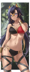 Rule 34 | 1girl, absurdres, adapted costume, arm at side, bare arms, bare shoulders, bikini, black bikini, black hair, blonde hair, blue eyes, blurry, blurry background, border, bracer, breasts, closed mouth, commentary request, contrapposto, crossed bangs, dangle earrings, dark-skinned female, dark skin, dehya (genshin impact), earrings, expressionless, genshin impact, gold trim, hair intakes, halterneck, hand on own neck, hand up, highres, jewelry, linea alba, long hair, looking at viewer, multicolored bikini, multicolored clothes, multicolored hair, nail polish, navel, o-ring, o-ring bikini, red nails, side-tie bikini bottom, signature, skindentation, solo, standing, stomach, streaked hair, string bikini, swimsuit, thigh strap, thighs, two-tone hair, white border, yabacha