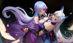 Rule 34 | 2girls, animal ears, backless dress, backless outfit, bare shoulders, black gloves, blue dress, blue hair, blurry, breast press, breasts, cleavage, dancing, depth of field, detached collar, dress, elbow gloves, feathers, fox ears, from above, gloves, grey hair, holding hands, jewelry, large breasts, light blue hair, long hair, looking at viewer, multiple girls, off-shoulder dress, off shoulder, one eye closed, original, patreon logo, patreon username, pink nails, purple dress, qblade, red eyes, ring, sidelocks, smile, symmetrical docking, very long hair, yuri