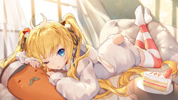 Rule 34 | 1girl, andrea doria (warship girls r), animal ears, animal hood, antenna hair, bison cangshu, black ribbon, blonde hair, blue eyes, cake, cake slice, closed mouth, commentary request, curtains, dice hair ornament, fake animal ears, food, fruit, full body, hair ornament, hair ribbon, highres, hood, hood down, hooded jacket, indoors, jacket, legs up, long hair, long sleeves, looking at viewer, lying, no shoes, on stomach, one eye closed, puffy long sleeves, puffy sleeves, rabbit ears, rabbit hood, rabbit tail, ribbon, short eyebrows, sleeves past wrists, solo, strawberry, striped clothes, striped thighhighs, tail, thick eyebrows, thighhighs, transparent, twintails, very long hair, warship girls r, white jacket, window