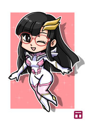 Rule 34 | 1girl, animification, black eyes, black hair, bodysuit, breasts, bright pupils, chibi, cosplay, gloves, gundam, gundam seed, gundam seed freedom, hair behind ear, head tilt, highres, lacus clyne, lacus clyne (cosplay), looking at viewer, medium breasts, one eye closed, pilot suit, real life, shinonome umi, smile, solo, tomo shimomu, white bodysuit, white gloves, white pupils