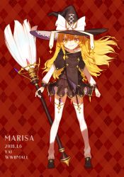 Rule 34 | 1girl, alternate costume, artist name, bad id, bad pixiv id, black capelet, black footwear, black hat, black skirt, blonde hair, blush, braid, broom, capelet, character name, commentary request, dated, dress, facial mark, garter straps, grin, hair between eyes, hat, highres, holding, holding broom, kirisame marisa, long hair, long sleeves, looking at viewer, plaid, plaid background, pleated skirt, red background, shoes, skirt, smile, solo, star (symbol), thighhighs, touhou, v-shaped eyebrows, very long hair, white thighhighs, witch hat, yai (hachihito), yellow eyes