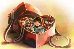 Rule 34 | 1boy, :o, box, box of chocolates, brown hair, heart, heart-shaped box, hood, hoodie, in box, in container, looking at viewer, male focus, mini person, miniboy, open mouth, original, ribbon, sasakure (mogunonbi), short hair, solo, valentine