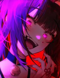 Rule 34 | 1girl, absurdres, bare shoulders, bell, black choker, bloom, blunt bangs, brown hair, butterfly-shaped pupils, choker, close-up, commentary, crazy, crazy eyes, crazy smile, english commentary, eye trail, eyelashes, facial mark, fingernails, glowing, glowing eyes, hand up, highres, honkai: star rail, honkai (series), li nauu, light trail, long fingernails, long hair, looking at viewer, multicolored hair, nail polish, neck bell, open mouth, pink eyes, pink hair, portrait, purple hair, red background, red nails, shade, sharp fingernails, sidelighting, simple background, smile, solo, sparkle (honkai: star rail), spread fingers, symbol-shaped pupils, teeth, tongue
