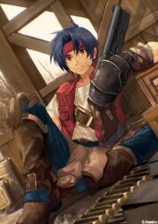 Rule 34 | 1boy, absurdres, belt, blue hair, boots, brown eyes, brown gloves, chamu (chammkue), closed mouth, denim, full body, gloves, headband, highres, jeans, looking at viewer, male focus, pants, red vest, rody roughnight, solo, vest, weapon, wild arms, wild arms 1