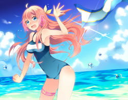 Rule 34 | 1girl, bikini, blue eyes, breasts, cleavage, cloud, day, highres, lens flare, medium breasts, megurine luka, ocean, one-piece swimsuit, open mouth, pink hair, school swimsuit, solo, sun, swimsuit, tears, temari (deae), towel, vocaloid, water drop, wavy mouth
