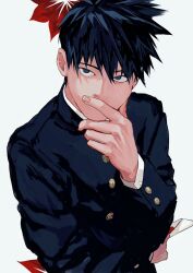 Rule 34 | 1boy, absurdres, black hair, covered mouth, finger to mouth, gakuran, hand up, highres, holding, holding letter, kageyama ritsu, letter, long sleeves, looking at viewer, male focus, mob psycho 100, neige404, school uniform, short hair, simple background, solo, upper body, white background