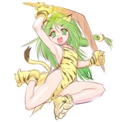 Rule 34 | 1girl, animal ears, animal hands, animal print, boomerang, cat ears, cat girl, cat tail, cham cham, gloves, green eyes, green hair, hair between eyes, long hair, looking at viewer, open mouth, paw gloves, paw shoes, samurai spirits, shoes, simple background, solo, tail, tiger print, ueyama michirou, white background