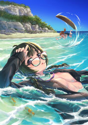 Rule 34 | 2girls, absurdres, afloat, barefoot, beach, black jacket, blue shorts, blush, braid, breasts, brown eyes, brown hair, clownfish, copyright request, falling, fish, glasses, green hair, highres, jacket, large breasts, medium breasts, multiple girls, open mouth, partially submerged, purple eyes, shirt, shorts, surfboard, twin braids, water, wet, white shirt, yasumura yo