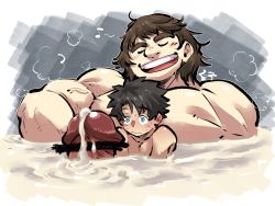 Rule 34 | 2boys, abs, bara, black hair, blue eyes, brown hair, completely nude, cum, cum bath, erection, fate/grand order, fate (series), fujimaru ritsuka (male), highres, huge penis, large pectorals, male focus, multiple boys, muscular, nipples, nude, pectorals, penis, shirako (kirupi), short hair, simple background, size difference, smile, super orion (fate), thick eyebrows, topless male, upper body, yaoi