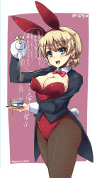 Rule 34 | 10s, 1girl, animal ears, black pantyhose, blonde hair, blue eyes, bow, bowtie, braid, breasts, cleavage, coattails, cup, darjeeling (girls und panzer), detached collar, fake animal ears, fishnet pantyhose, fishnets, girls und panzer, jacket, large breasts, leotard, long hair, open mouth, pantyhose, playboy bunny, rabbit ears, rabbit tail, shinshin, smile, solo, standing, tail, teacup, teapot, wrist cuffs