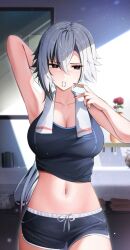 Rule 34 | 1girl, arlecchino (genshin impact), arm up, armpits, bare shoulders, black shorts, black tank top, breasts, collarbone, commentary, crop top, genshin impact, grey hair, hair between eyes, hand up, highres, large breasts, midriff, mouth hold, navel, short shorts, shorts, solo, stomach, tank top, yeni1871
