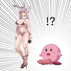 Rule 34 | !?, 1girl, ^^^, animal ears, bikini, black bikini, black footwear, blue bow, bow, breasts, censored, cleavage, closed mouth, commentary request, crossover, emphasis lines, full body, grey hair, hair bow, high heels, highres, holding dice, kaavi, kirby, kirby (series), large breasts, long hair, looking to the side, mahjong soul, mosaic censoring, nintendo, penis, pun, rabbit ears, rabbit girl, simple background, surprised, sweatdrop, swimsuit, tataeroero, what, white background
