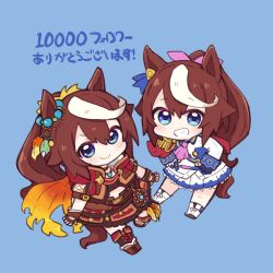 Rule 34 | 2girls, animal ears, ascot, asymmetrical gloves, black gloves, blue background, blue eyes, blue gloves, blush, boots, brown footwear, brown hair, chibi, closed mouth, commentary request, dual persona, epaulettes, fingerless gloves, gloves, grin, hair between eyes, hair ribbon, highres, horse ears, horse girl, horse tail, jacket, long hair, long sleeves, looking at viewer, milestone celebration, mismatched gloves, multicolored hair, multiple girls, nozo (hitomiz), pink ascot, pink ribbon, pleated skirt, puffy short sleeves, puffy sleeves, red jacket, red skirt, ribbon, short sleeves, simple background, single epaulette, skirt, sleeves past wrists, smile, streaked hair, tail, tokai teio (beyond the horizon) (umamusume), tokai teio (umamusume), translation request, umamusume, very long hair, white footwear, white gloves, white hair, white jacket, white skirt