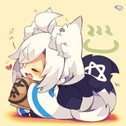 Rule 34 | 1girl, :3, :d, ahoge, animal ear fluff, animal ears, blush, braid, chibi, closed eyes, commentary request, cup, fox ears, fox girl, fox tail, full body, hair over one eye, hatching (texture), heart, highres, holding, hololive, large tail, long sleeves, motion lines, muuran, object request, onsen symbol, open mouth, profile, raised eyebrows, sepia, shirakami fubuki, shirakami fubuki (1st costume), side braid, sideways mouth, sitting, smile, solo, steam, tail, translation request, virtual youtuber, white hair, wide sleeves, yunomi