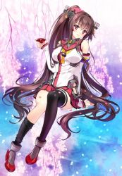 Rule 34 | 1girl, anchor, artist name, asymmetrical legwear, bad id, bad twitter id, blush, breasts, brown hair, carnelian, cherry blossoms, cup, detached sleeves, flower, hair intakes, headgear, kantai collection, large breasts, long hair, looking at viewer, miniskirt, parted lips, petals, pleated skirt, ponytail, sakazuki, single thighhigh, skirt, solo, thighhighs, thighhighs pull, uneven legwear, very long hair, yamato (kancolle)