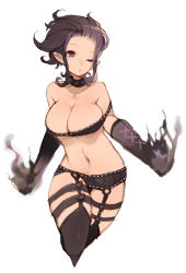 Rule 34 | 1girl, alternate color, alternate costume, bare shoulders, black eyes, black hair, black thighhighs, breasts, choker, cleavage, evelynn (league of legends), evelynn (old), k (li), large breasts, league of legends, navel, one eye closed, short hair, simple background, solo, thighhighs, twintails, white background, wide hips, wink