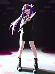 Rule 34 | 1girl, bare legs, black footwear, black skirt, black suit, blood, blythe (hcnone), boots, commentary, dark background, english commentary, fang, formal, hair ornament, hairclip, hcnone, highres, holding, holding knife, knife, long hair, long sleeves, looking at viewer, necktie, office lady, open mouth, original, pencil skirt, pink blood, pink necktie, purple hair, skirt, solo, suit, twintails, yellow eyes