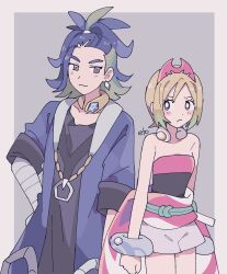 Rule 34 | 1boy, 1girl, adaman (pokemon), arm wrap, arms at sides, blonde hair, blue coat, blue eyes, blue hair, blush, bracelet, breasts, cleavage, clenched hand, closed mouth, coat, collar, collarbone, creatures (company), game freak, green hair, hairband, hand on own hip, highres, irida (pokemon), jewelry, looking at another, multicolored hair, nintendo, open clothes, open coat, pokemon, pokemon legends: arceus, remoooon, sash, shirt, short hair, shorts, small breasts, strapless, strapless shirt, waist cape