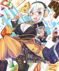 Rule 34 | ahoge, bag, black footwear, black jacket, blue eyes, boots, braid, brand name imitation, bubble tea, burger, cable, can, candy, cellphone, chocolate, chocolate bar, commentary, cup, disposable cup, doughnut, drinking straw, duffel bag, eating, food, french fries, fruit, glasses, graphic equalizer, hair ornament, hairclip, hamburger headphones, headphones, highres, holding, holding cup, holding food, jacket, kizuna akari, looking at viewer, marubo, miniskirt, open mouth, orange (fruit), orange pantyhose, pantyhose, paper, parody, phone, pizza, pizza hair ornament, plaid, plaid skirt, pleated skirt, sandwich, semi-rimless eyewear, shirt, skirt, smartphone, soda bottle, striped clothes, striped legwear, striped pantyhose, twin braids, vertical-striped clothes, vertical-striped pantyhose, voiceroid, watermelon, wcdonald&#039;s, white hair, white shirt