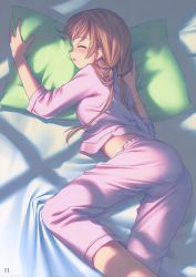 Rule 34 | 1girl, absurdres, ass, bed, brown hair, closed eyes, highres, long hair, lying, midriff, open mouth, original, pajamas, pantylines, pillow, scan, sleeping, solo, takoyaki (roast), twintails, window shadow