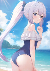 Rule 34 | 1girl, absurdres, ass, beach, blue archive, blue sky, closed mouth, cloud, cowboy shot, day, grey hair, hand up, highres, long hair, looking at viewer, miyako (blue archive), miyako (swimsuit) (blue archive), ocean, official alternate costume, one-piece swimsuit, outdoors, ponytail, purple eyes, rei (ilust9999), sky, smile, solo, swimsuit, very long hair