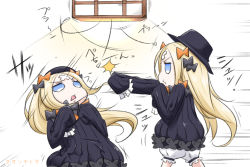 Rule 34 | 1girl, abigail williams (fate), black bow, black dress, black headwear, blonde hair, bloomers, blue eyes, bow, bug, butterfly, ceiling light, closed mouth, commentary request, crossed bandaids, dress, fate/grand order, fate (series), hair bow, hat, highres, insect, long hair, long sleeves, multiple views, neon-tetora, orange bow, parted bangs, parted lips, profile, shadow boxing, signature, sleeves past fingers, sleeves past wrists, speed lines, translation request, underwear, v-shaped eyebrows, very long hair, white bloomers