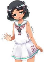 Rule 34 | 1girl, anchor ornament, black eyes, black hair, braid, commentary request, cowboy shot, dress, kantai collection, looking at viewer, low-cut armhole, mole, mole under eye, nassukun, neckerchief, one-hour drawing challenge, sailor collar, sailor dress, scirocco (kancolle), short hair, simple background, sleeveless, sleeveless dress, solo, standing, striped neckerchief, striped neckwear, tan, two side up, waving, white background, white sailor collar