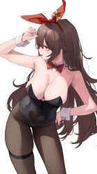 Rule 34 | 1girl, absurdres, amber (genshin impact), arm up, bare shoulders, black leotard, bow, bowtie, breasts, brown hair, brown pantyhose, cleavage, clothing cutout, detached collar, genshin impact, hair between eyes, hairband, hand on own hip, heart cutout, highres, large breasts, leaning forward, leotard, leviathan (hikinito0902), long hair, looking to the side, open mouth, pantyhose, playboy bunny, red bow, red bowtie, red hairband, solo, thigh strap, traditional bowtie, white wrist cuffs, wrist cuffs