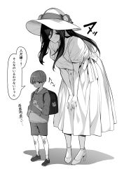 Rule 34 | 1boy, 1girl, 2channel, age difference, backpack, bag, black hair, breasts, cellphone, child, commentary request, dress, hasshaku-sama, hat, height difference, highres, holding, holding phone, huge breasts, long hair, monochrome, onee-shota, original, partially translated, phone, randoseru, short hair, smartphone, sun hat, takoneru, tall female, translation request, urban legend, white dress