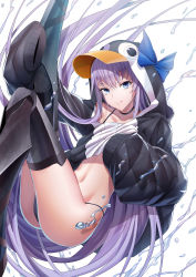 Rule 34 | 1girl, :q, absurdres, animal hood, arm up, bikini, bikini under clothes, black bikini, black choker, black jacket, blue bow, blue eyes, bow, choker, closed mouth, collarbone, commentary request, fate/grand order, fate (series), hair between eyes, highres, hood, hood up, hooded jacket, jacket, knees up, long hair, long sleeves, looking at viewer, meltryllis, meltryllis (fate), meltryllis (swimsuit lancer) (fate), meltryllis (swimsuit lancer) (first ascension) (fate), navel, penguin hood, puffy long sleeves, puffy sleeves, purple hair, revision, simple background, sleeves past fingers, sleeves past wrists, smile, solo, swimsuit, tongue, tongue out, very long hair, water, white background, xo (xo17800108)