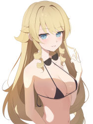 Rule 34 | 1girl, absurdres, bare shoulders, bikini, blonde hair, blue eyes, breasts, cleavage, collarbone, drill hair, drill sidelocks, eyewear around neck, genshin impact, grin, hair flaps, hand in own hair, highres, jitome, light blush, long hair, looking at viewer, medium breasts, navia (genshin impact), sidelocks, simple background, smile, solo, string bikini, swept bangs, swimsuit, tokutokenzen, upper body, white background
