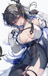 Rule 34 | 1girl, :d, bare shoulders, black gloves, black hair, black skirt, blue hair, blush, breasts, breasts apart, collarbone, collared shirt, cowboy shot, detached sleeves, dot nose, gloves, highres, hololive, hololive english, large breasts, legs together, long hair, looking at viewer, multicolored hair, nerissa ravencroft, o-ring, oimo 0imo, open clothes, open mouth, open shirt, pencil skirt, pinstripe pattern, pinstripe shirt, red eyes, shirt, side slit, sidelocks, simple background, skindentation, skirt, sleeveless, sleeveless shirt, smile, solo, thigh strap, thighs, two-tone hair, virtual youtuber, white background, white shirt, white sleeves