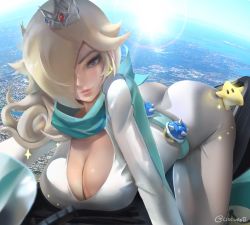 Rule 34 | 1girl, absurdres, ass, biker clothes, bikesuit, blonde hair, blue eyes, bodysuit, breasts, cleavage, crown, earrings, hair over one eye, highres, jewelry, large breasts, long hair, looking at viewer, luma (mario), mario (series), mario kart, mario kart 8, nintendo, oscuroii, rosalina, shiny clothes, shiny skin, skin tight, smile