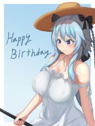 Rule 34 | 1girl, :3, arm at side, arm ribbon, arm tattoo, assault lily, bare shoulders, black bow, blue background, blue eyes, blue hair, blush, border, bow, braid, breasts, brown hat, cleavage, closed mouth, commentary request, covered erect nipples, dress, fangs, fangs out, fingernails, fishing rod, gradient background, hair between eyes, hair bow, halter dress, halterneck, happy birthday, hat, highres, holding, holding fishing rod, large breasts, long hair, looking away, mori tatsuki, outside border, ribbon, sidelocks, sitting, sleeveless, sleeveless dress, smile, solo, straw hat, sun hat, sundress, tattoo, tilted headwear, ueharu, upper body, white border, white dress, white ribbon