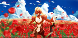 Rule 34 | 10s, 1girl, ahoge, aiovia, ass, blonde hair, blurry, breasts, butt crack, day, depth of field, dress, epaulettes, fate/extra, fate/stay night, fate (series), field, flower, flower field, from behind, hair ribbon, nero claudius (fate), nero claudius (fate), nero claudius (fate/extra), red dress, ribbon, sky, solo