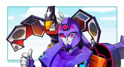 Rule 34 | 1girl, artist name, commentary, decepticon, english commentary, khirzava, laserbeak, looking at viewer, mecha, no humans, non-humanoid robot, portrait, red eyes, robot, robot animal, science fiction, shadow striker (transformers), smile, thumbs up, transformers, transformers cyberverse