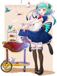 Rule 34 | 1girl, :o, absurdres, alternate costume, apron, bare arms, black footwear, black thighhighs, blue dress, blush, bug, butterfly, butterfly wings, clothes lift, colored inner hair, cup, double bun, dress, dress lift, enmaided, fenrir (fenlil0316), food, frilled apron, frilled cuffs, frilled thighhighs, frills, gradient hair, green hair, hair bun, highres, hololive, insect, insect wings, layered dress, lifting own clothes, looking away, low wings, maid, maid apron, maid headdress, mary janes, multicolored hair, open mouth, pastry, petticoat, puffy short sleeves, puffy sleeves, purple hair, raised eyebrows, red eyes, red neckwear, saucer, shoes, short dress, short hair, short hair with long locks, short sleeves, sidelocks, skirt hold, sleeve cuffs, solo, teacup, thighhighs, tiered tray, two-tone hair, uruha rushia, virtual youtuber, white apron, wings, wrist cuffs